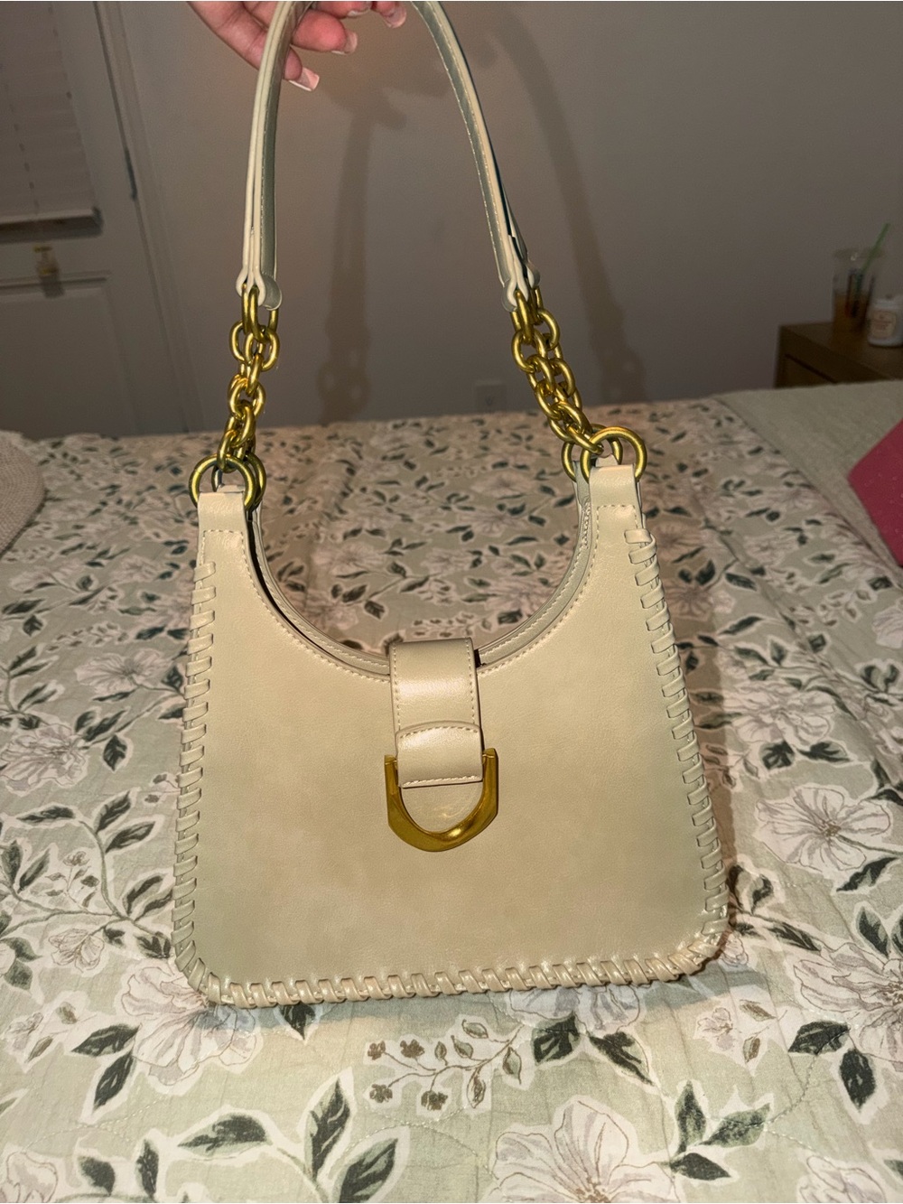 Cream Shoulder Bag with Gold Hardware